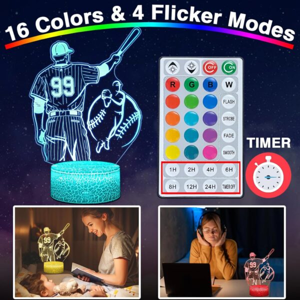 Baseball Gifts, 16 Colors Baseball Night Light - Remote Control, Timer Tpye-C Dimmable Lamp, LED 3D Light Illusion, Glow Room Decor - Image 2