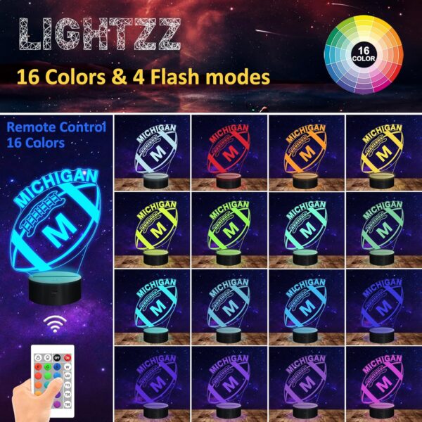 Football Gifts, 3D Illusion Lamp for Boys Gift 16 Changing Color Remote Control Kids Room Lighting Ball Decor (Michigan Multicoloured) - Image 2