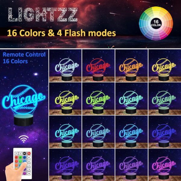 Baseball Gifts, Baseball Night Light, 3D Illusion Lamp Changing Color Remote Control Kids Room Lighting Ball Decor (Chicago) - Image 4