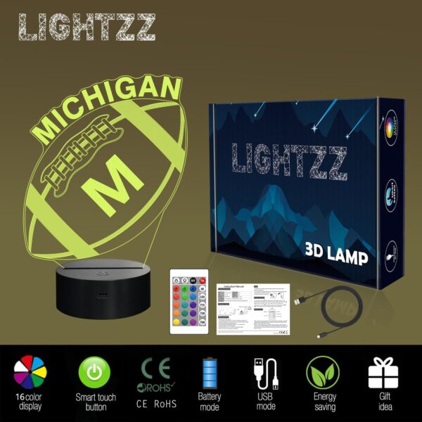 Football Gifts, 3D Illusion Lamp for Boys Gift 16 Changing Color Remote Control Kids Room Lighting Ball Decor (Michigan Multicoloured) - Image 4