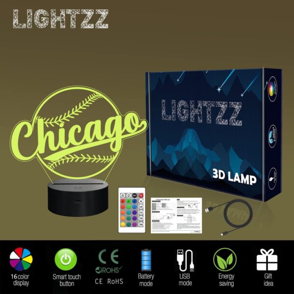 Baseball Gifts, Baseball Night Light, 3D Illusion Lamp Changing Color Remote Control Kids Room Lighting Ball Decor (Chicago) - Image 5